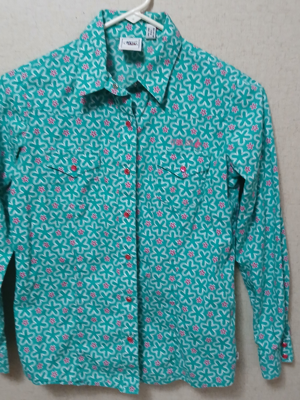 Cruel Girl Teal Floral Button-Down Shirt with Pink Accents